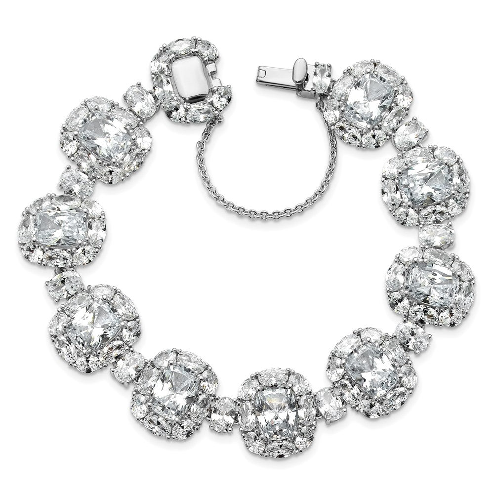 Cheryl M Sterling Silver Rhodium-plated Polished Fancy Cushion-cut CZ Halo Cluster with Safety Chain Bracelet 7 inches