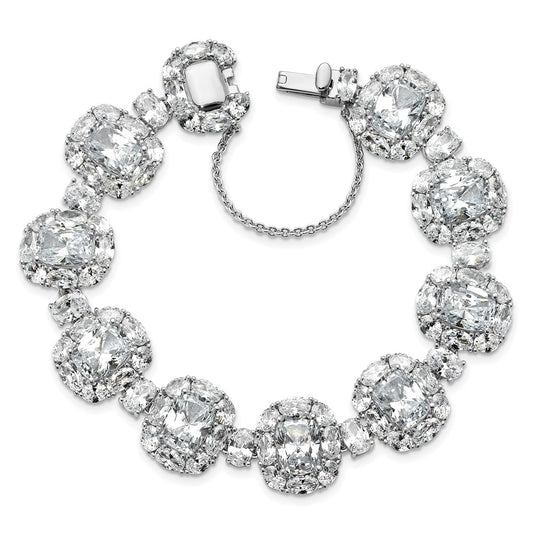 Cheryl M Sterling Silver Rhodium-plated Polished Fancy Cushion-cut CZ Halo Cluster with Safety Chain Bracelet 7 inches