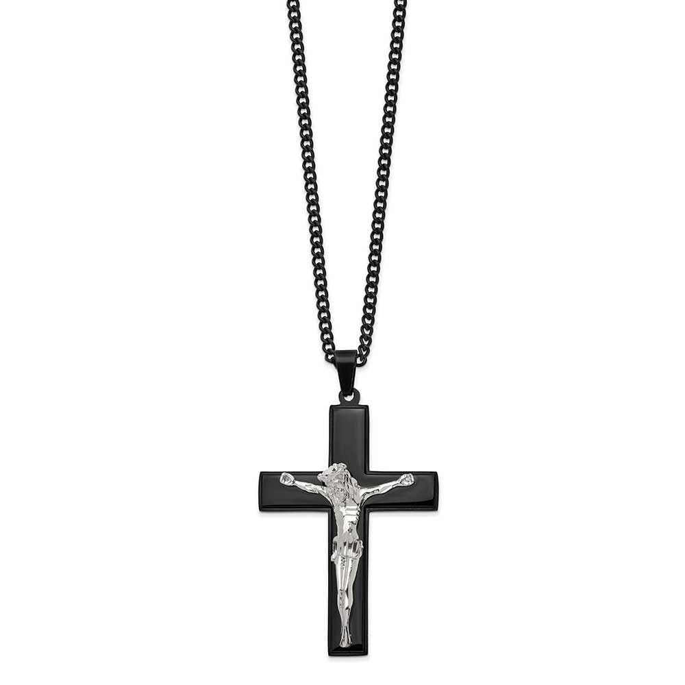 Stainless Steel Polished Black IP-plated Crucifix 24in Necklace