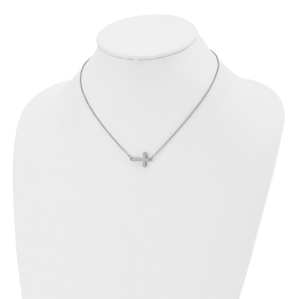 Stainless Steel Polished Sideways Cross 17in Necklace