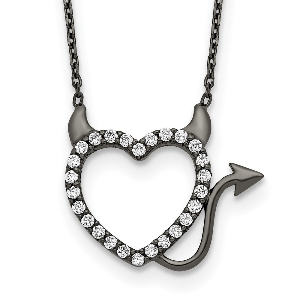 Sterling Silver Black Ruthenium Plated Devil Heart CZ 16 inch Necklace 16 Inches
