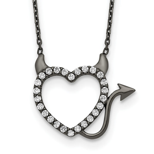 Sterling Silver Black Ruthenium Plated Devil Heart CZ 16 inch Necklace 16 Inches