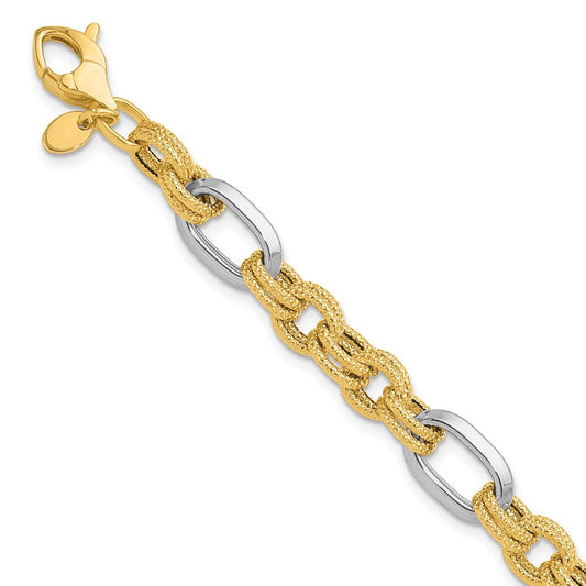 14K Two-tone Polished and Textured Fancy Link Bracelet 7.75  inches