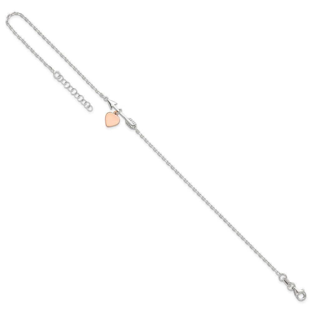 Sterling Silver Arrow with Rose-tone Heart 10in Plus 1 inch Ext Anklet 10 inches