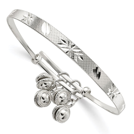 Sterling Silver D/C & Textured Bells Adjustable Children's Bangle Bracelet 6 inches