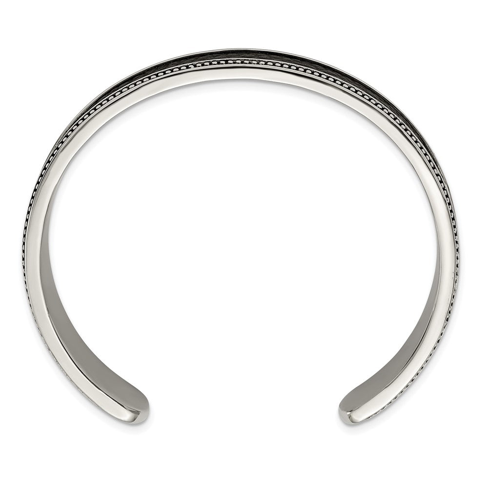 Stainless Steel Antiqued & Polished w/Textured Leather Inlay 12mm Bangle 7.25 inches