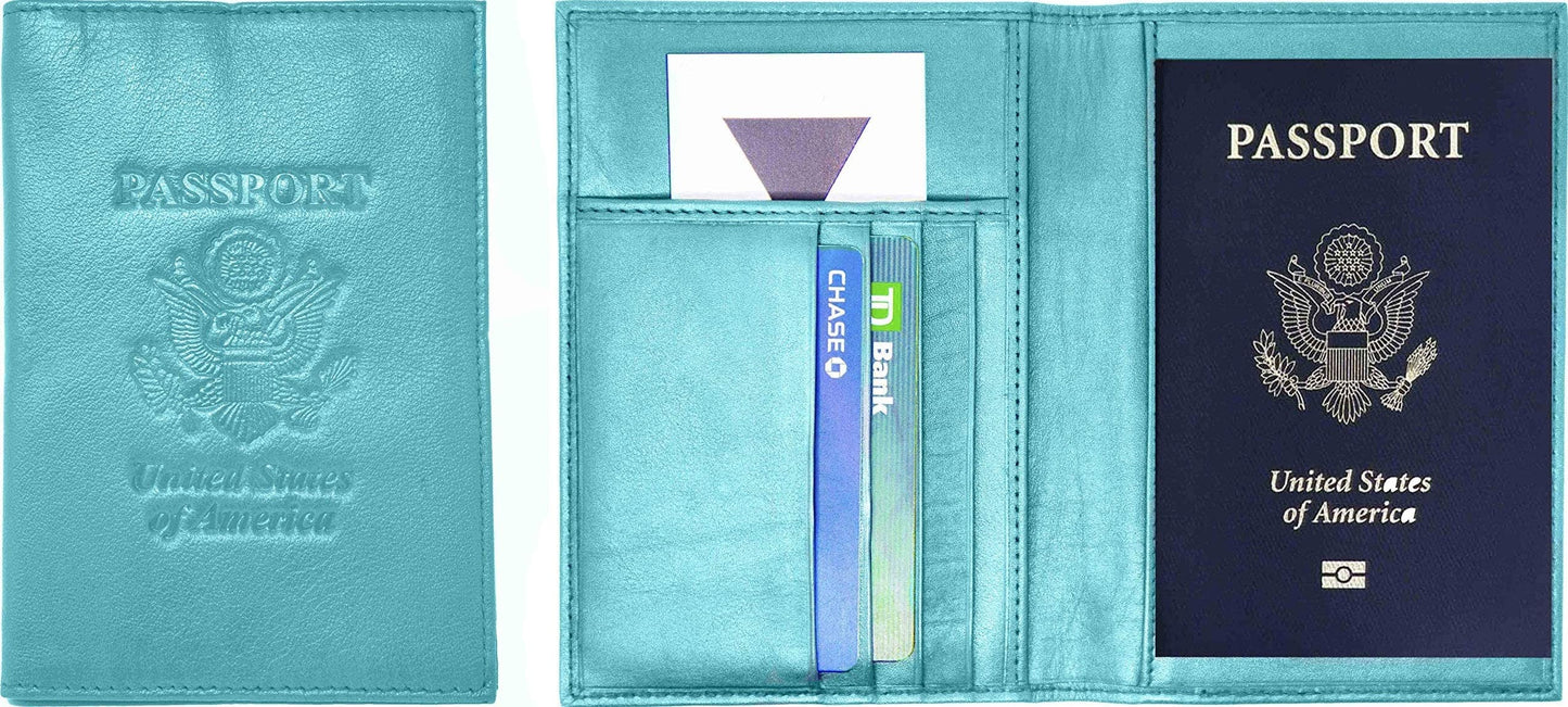 Aqua Genuine Cowhide Leather RFID Blocking Passport Wallet with 3 Interior Slots QGM22561