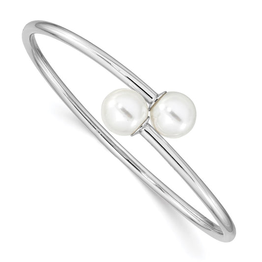 Majestik Sterling Silver Rhodium-plated 10-11mm White Imitation Shell Pearl Bangle Bracelet 7 inches