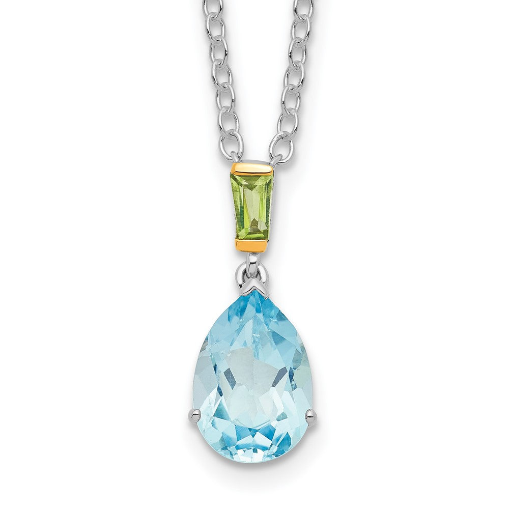 Brilliant Gemstones Sterling Silver with14K Accent Rhodium-plated Sky Blue Topaz and Peridot 18 Inch Necklace with 2 Inch Extender 18 Inches