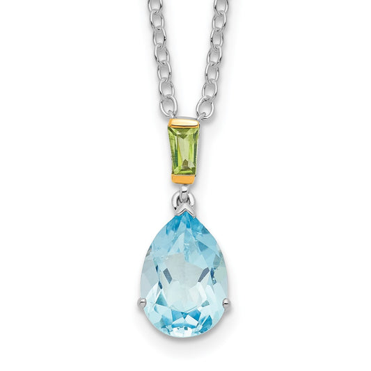 Brilliant Gemstones Sterling Silver with14K Accent Rhodium-plated Sky Blue Topaz and Peridot 18 Inch Necklace with 2 Inch Extender 18 Inches
