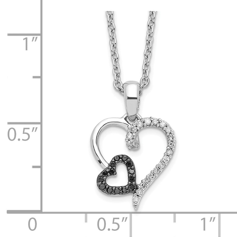 White Night Sterling Silver Rhodium-plated Black and White Diamond Double Heart 18 Inch Necklace with 2 Inch Extender 18 Inches