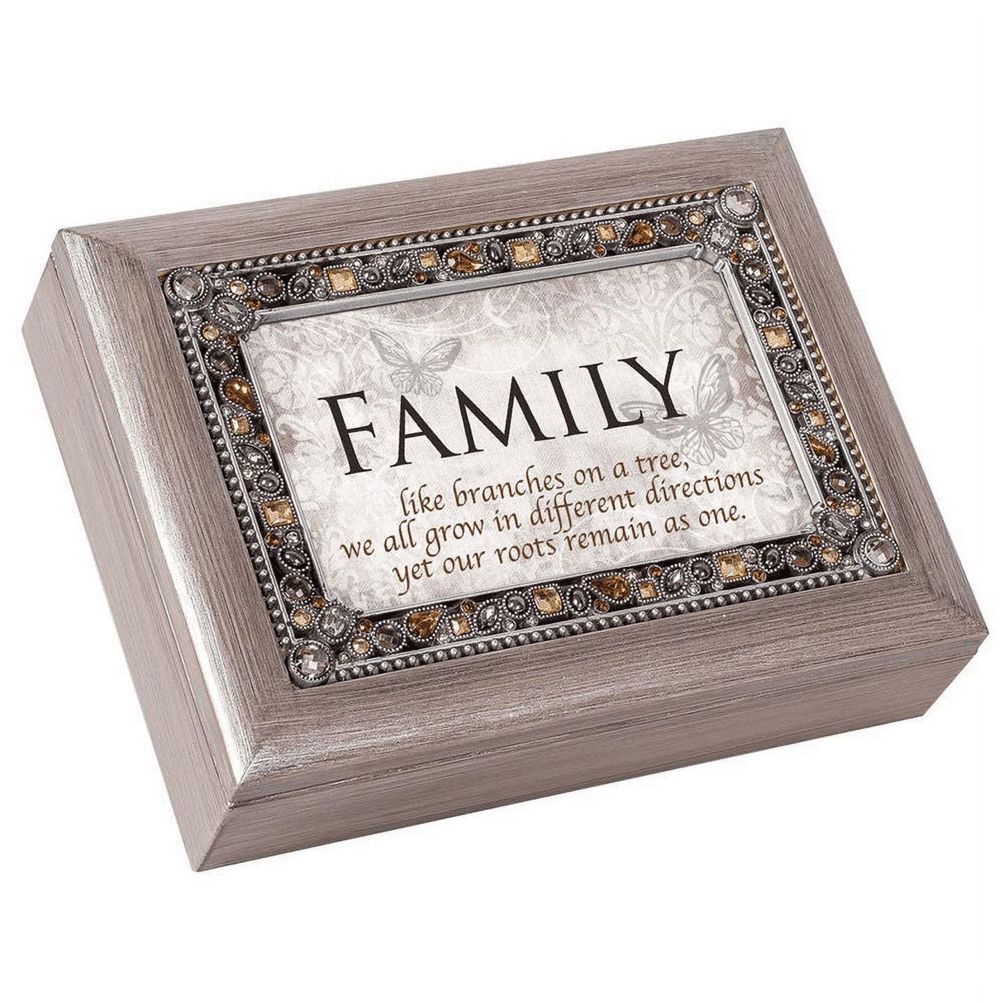 Jeweled Woodgrain Resin FAMILY Sentiment Music Box (Plays Wonderful World) Q-GM18582