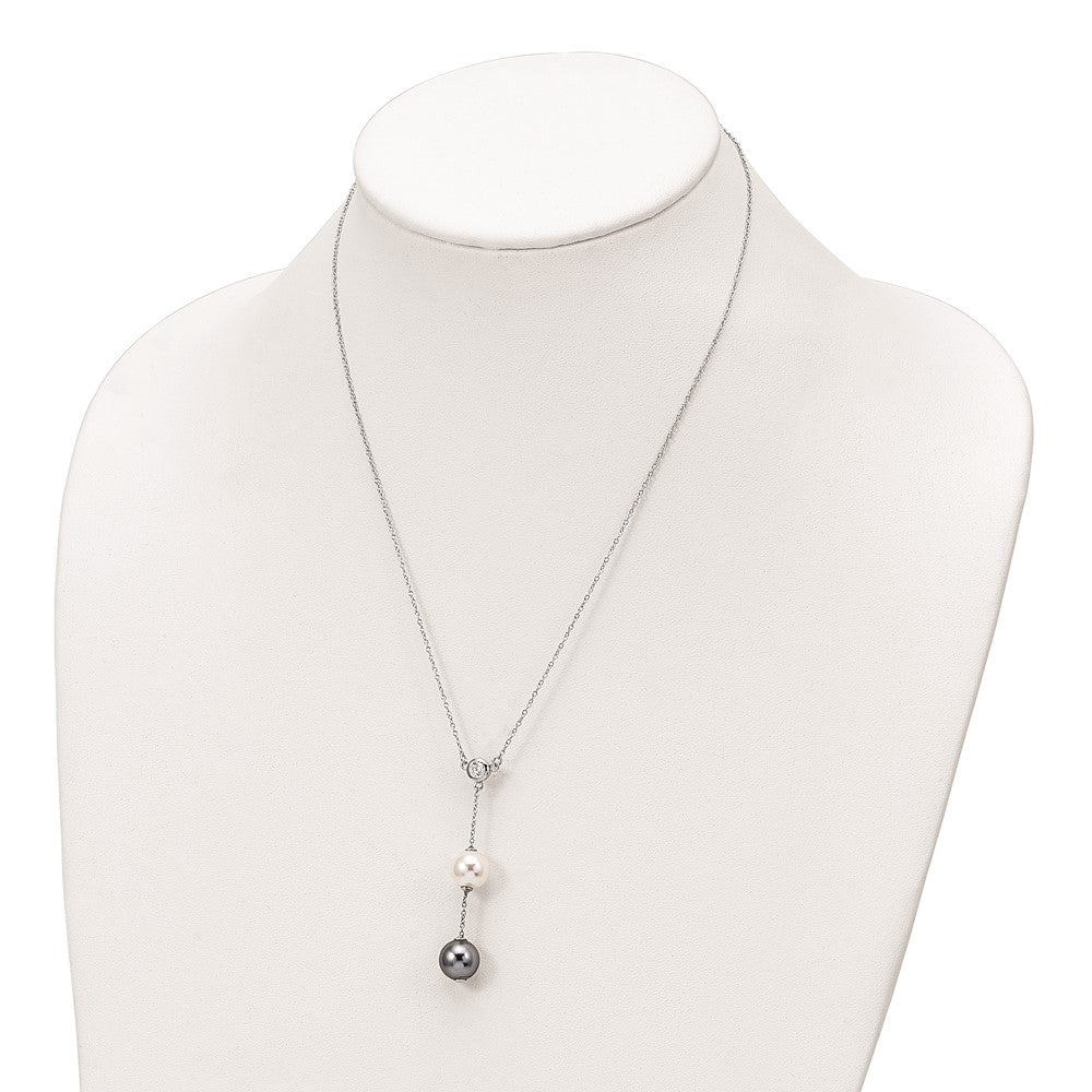 Majestik Sterling Silver Rhodium-plated 10-11mm White and Grey Imitation Shell Pearl and CZ Spring Ring Clasp 18 inch Necklace 18 Inches