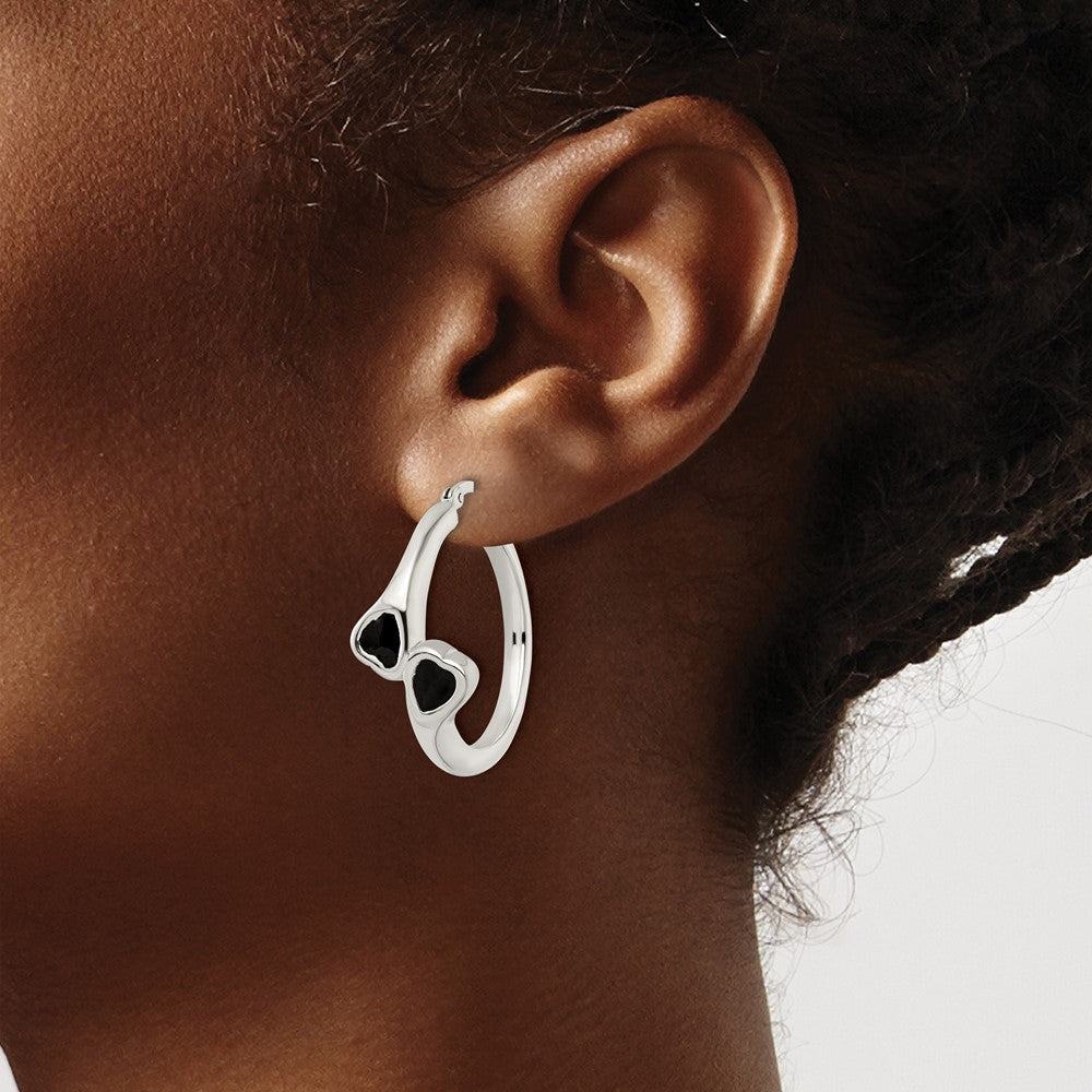 Sterling Silver Polished Black Enameled ByPass Circle Hoop Earrings