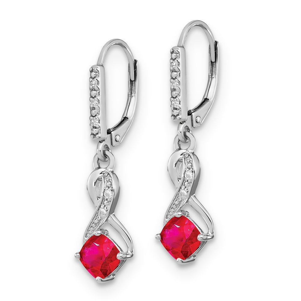 Sterling Silver Created Ruby & Diamond Leverback Dangle Earrings