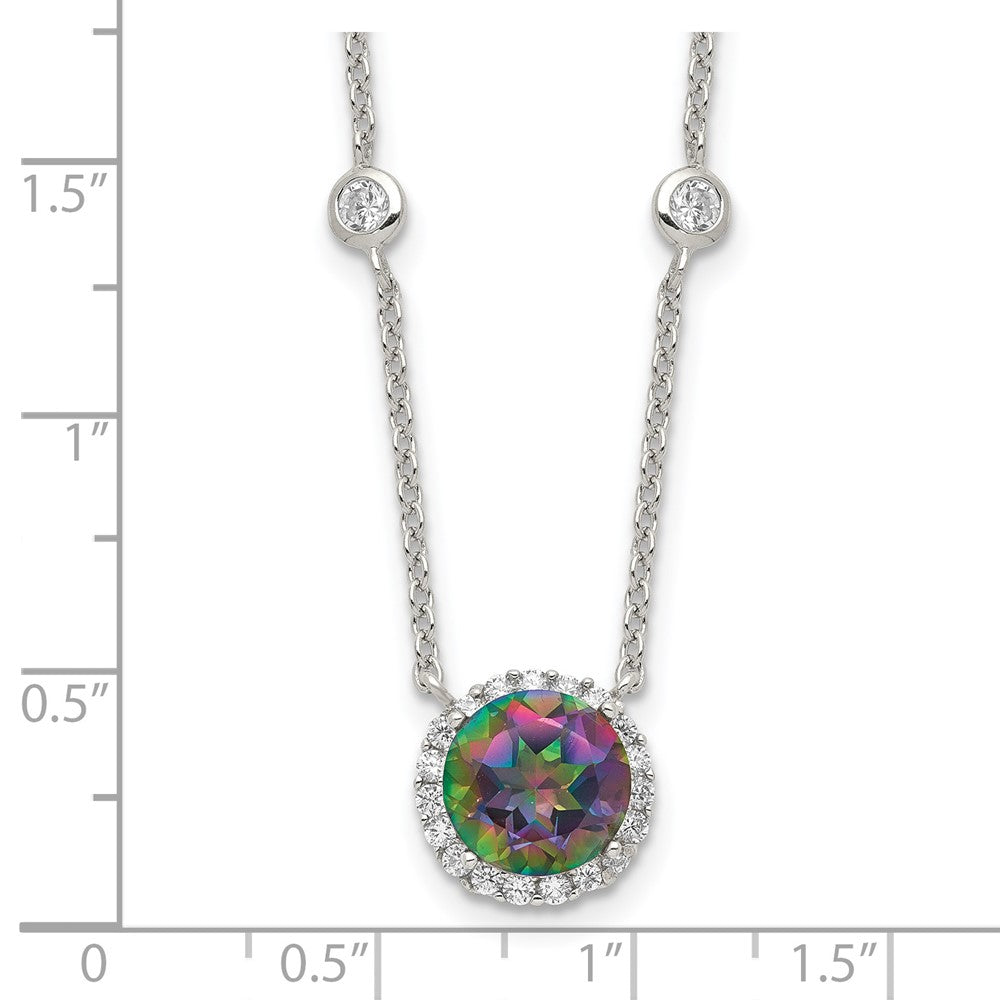 Sterling Silver RH-plated Dark Mystic CZ Halo Pendant on 10-Station Necklac 18 Inches