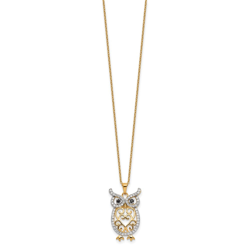 Cheryl M Sterling Silver Gold-plated Polished Black and White CZ Owl 16 Inch with 2 Inch Extension Necklace