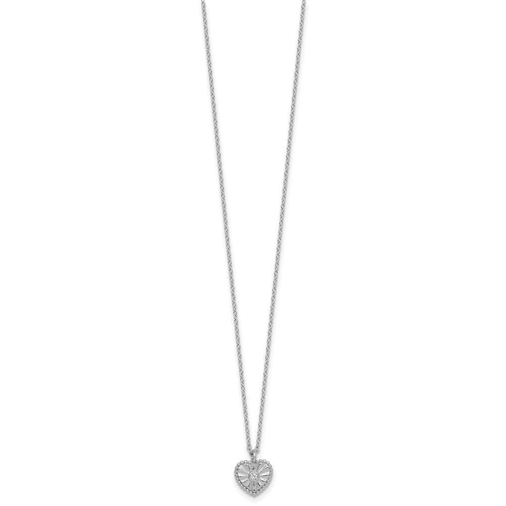 Sterling Silver Rhodium-plated Polished Beaded and Textured CZ Heart 16 Inch with 2 Inch Extension Necklace 16 Inches