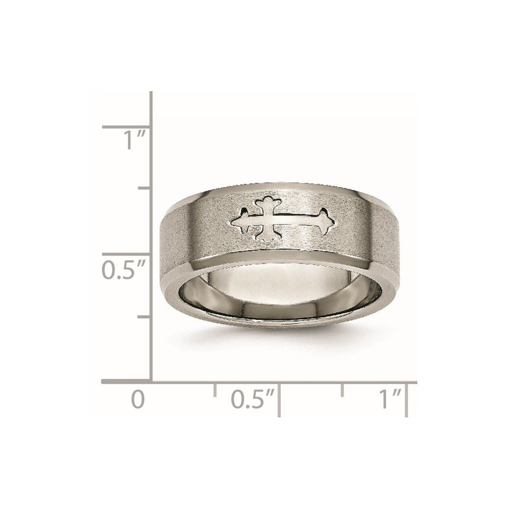 Titanium Brushed Center Cross Design 8mm Beveled Edge Band Size - 12