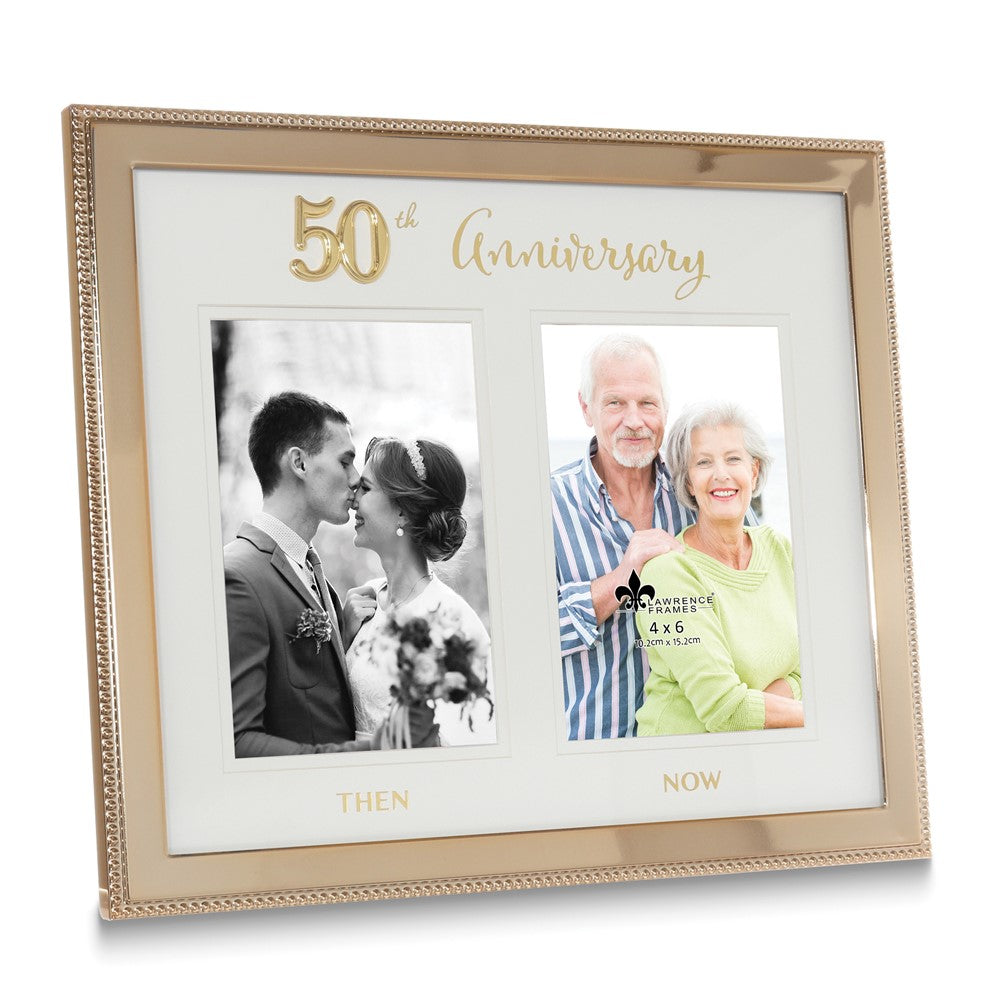 Gold-tone Beaded 50th Anniversary Then and Now Double 4x6 Photo Frame
