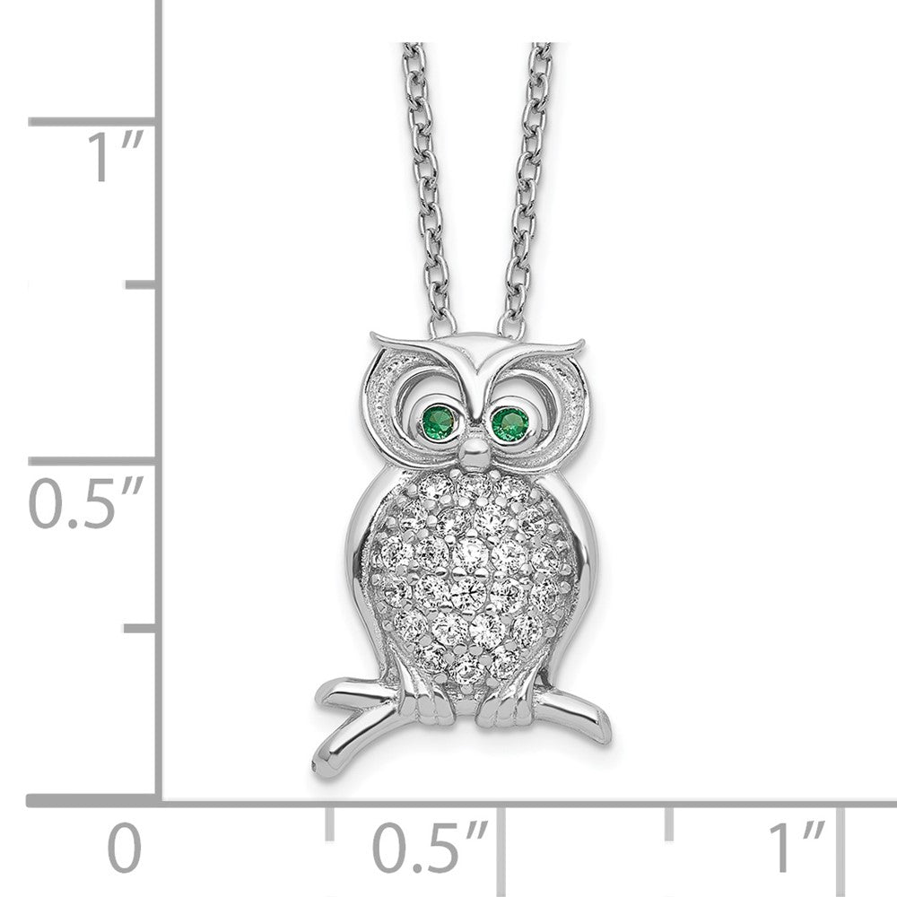 Sterling Silver Polished Rhodium-plated Green/Clear CZ Owl 18in Necklace 18 Inches