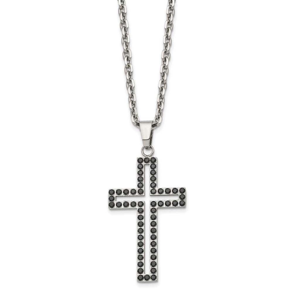 Stainless Steel Polished Black CZ Cross 20in Necklace