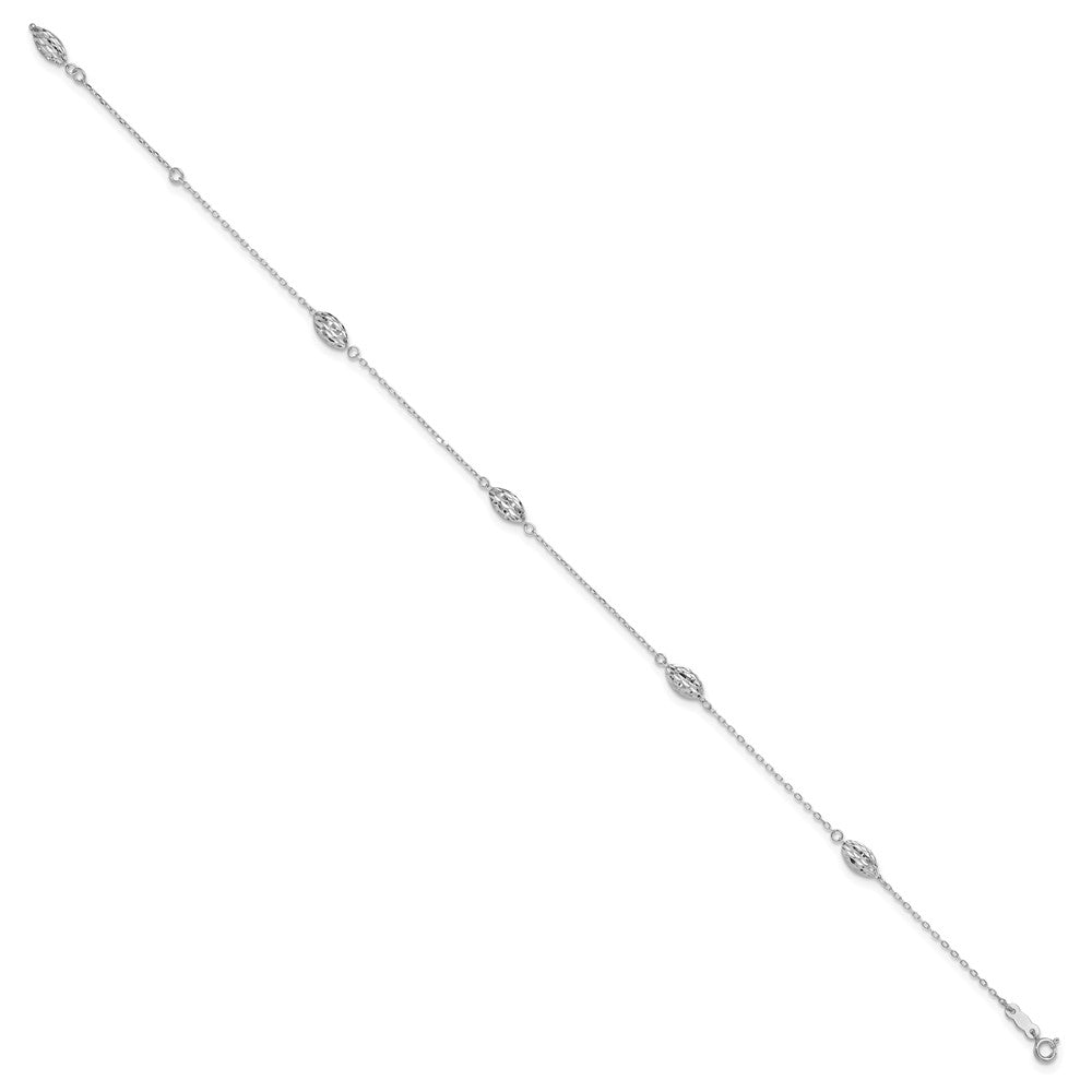 14k White Gold Puffed Rice Bead 9in Plus 1in ext. Anklet 9 inches