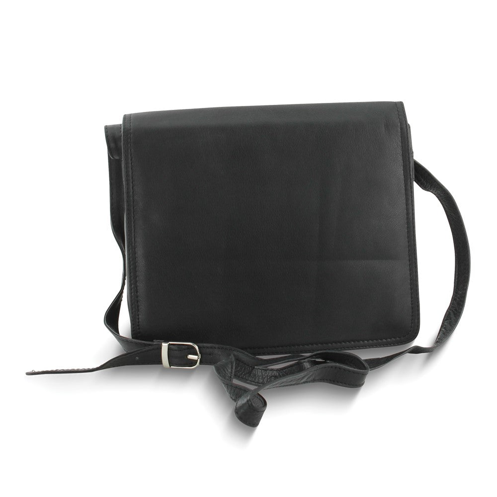 Black Leather Medium Organizer Crossbody Bag with Adjustable Strap and Phone Pockets