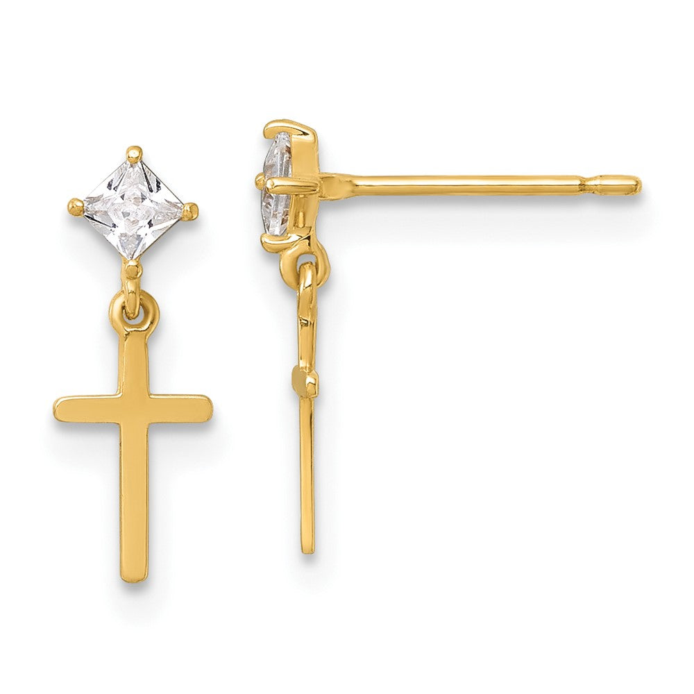 14K Madi K Polished CZ Cross Children's Dangle Post Earrings