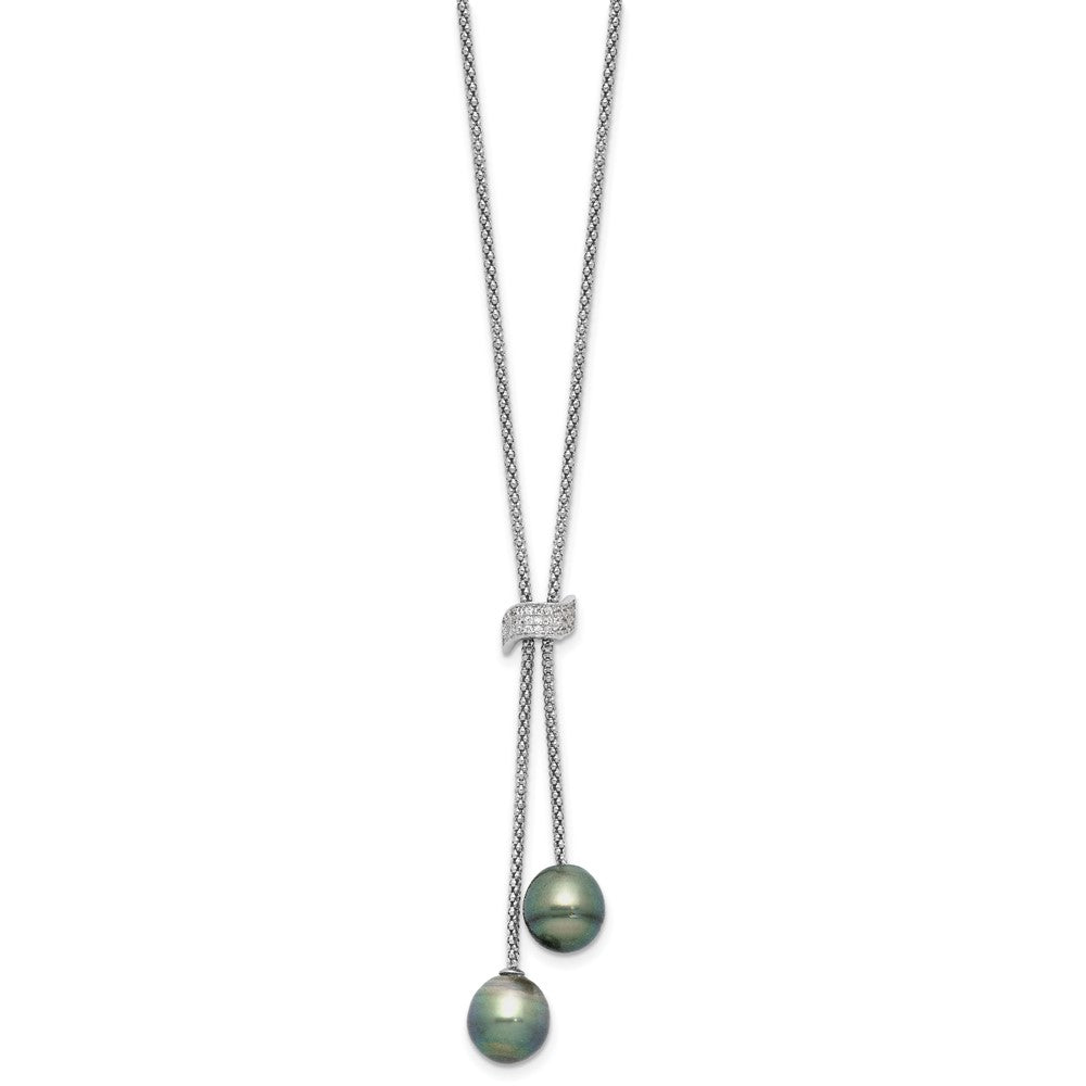 Sterling Silver Rhodium-plated 7-8mm Black Teardrop Tahitian Saltwater Cultured Pearl and CZ Dangle 18 inch with 2 inch Extension Necklace 18 Inches