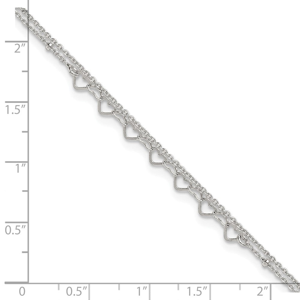 Sterling Silver Polished and Beaded Hearts Double Strand 9 inch with 1 inch Extension Anklet