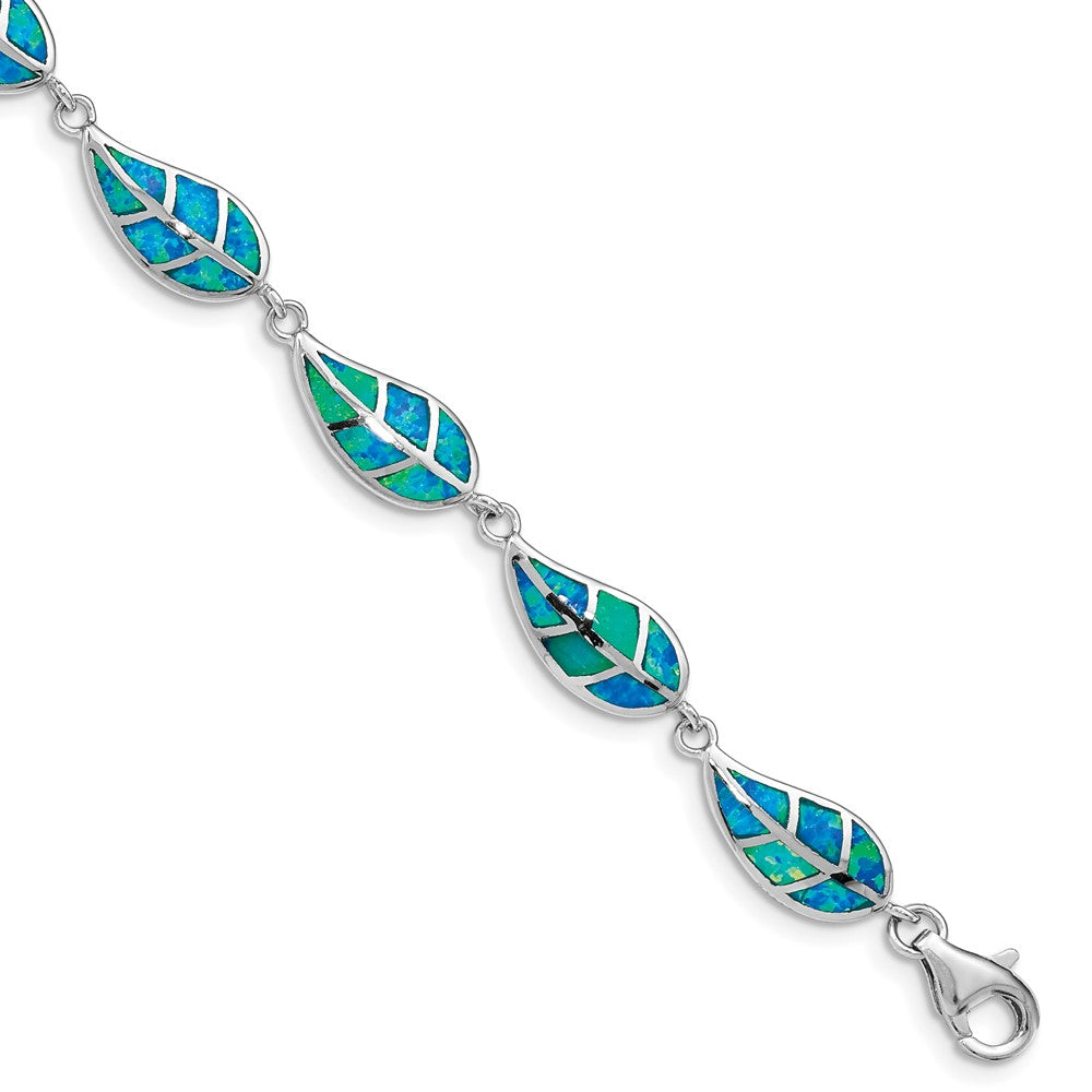 Sterling Silver Rhodium-plated Lab Created Opal Inlay Leaf Bracelet 7.5 inches