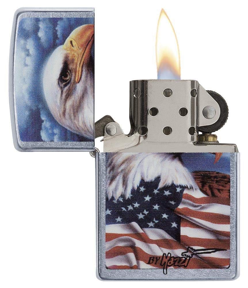 Zippo Mazzi Bald Eagle with Flag Street Chrome Pocket Lighter