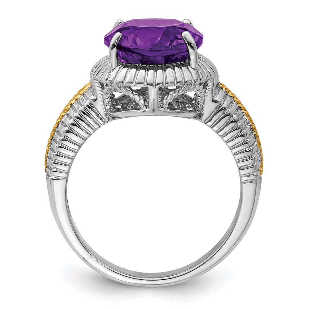 Sterling Silver Rhodium-plated w/ Flash Gold-plate Oval Amethyst Ring