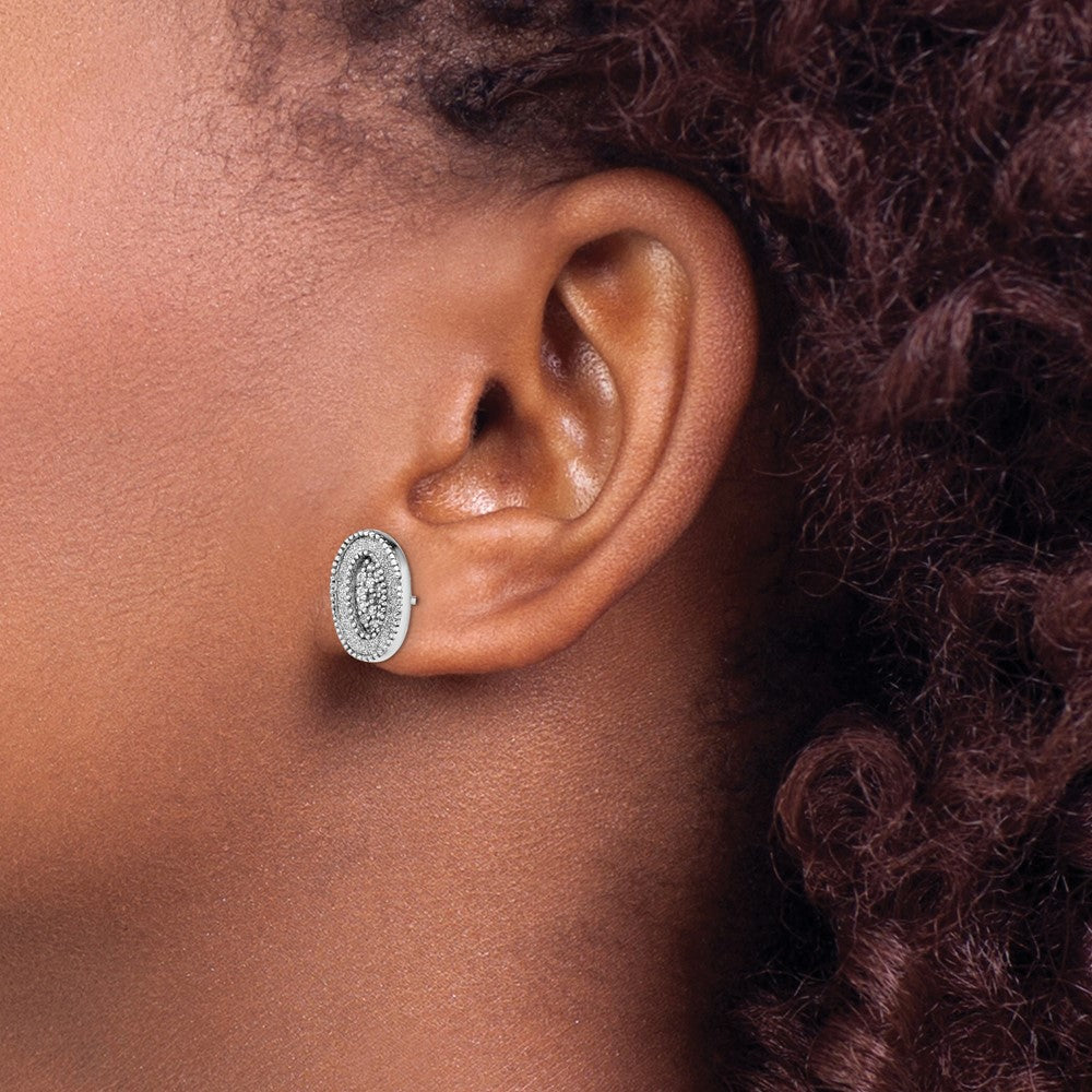 Sterling Silver Rhodium-plated Enamel Glitter Fabric w/CZ Oval Post Earring