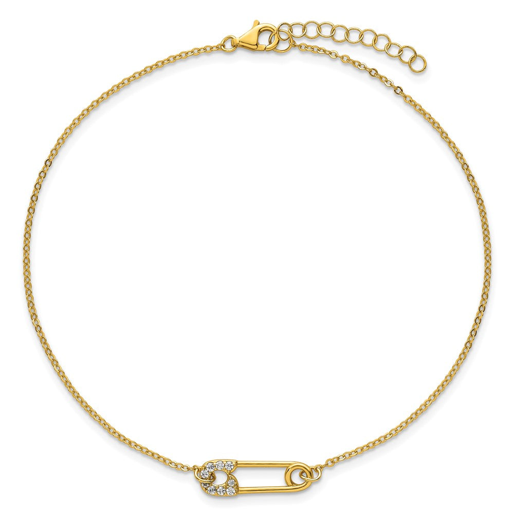 Sterling Silver Gold-tone Polished CZ Safety Pin 9 Inch Plus 1 Inch Extension Anklet