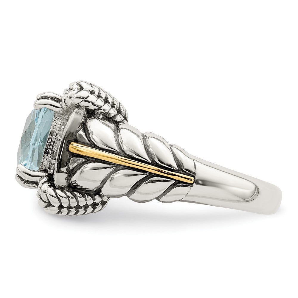 Shey Couture Sterling Silver with 14K Accent Antiqued Checkerboard Cushion Sky Blue Topaz and Diamond Ring