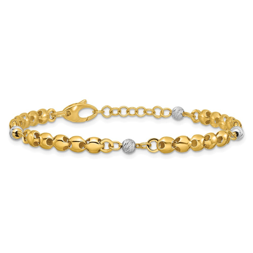 14K w/Rhodium Polished D/C Beaded Oval Link w/1in ext. Bracelet 7.5  inches