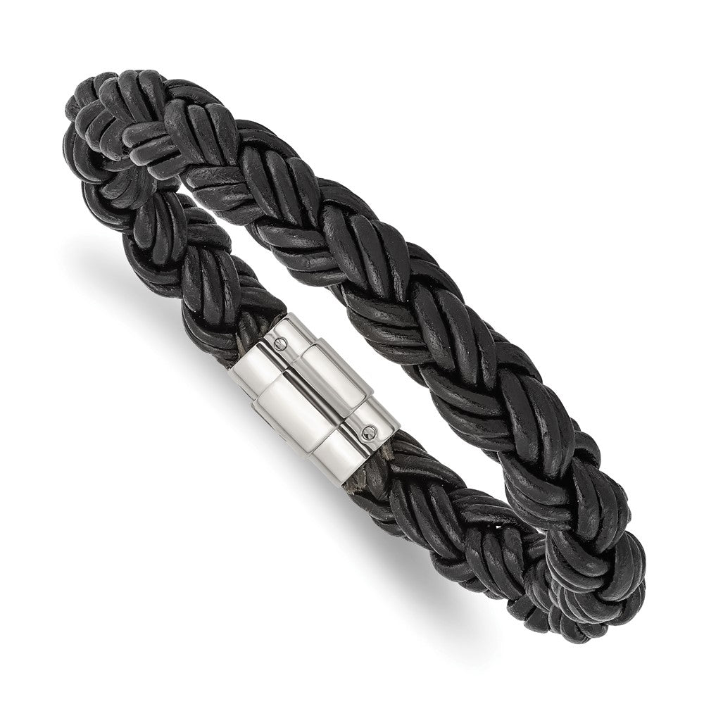 Stainless Steel Polished Black 8.5in Leather Bracelet 8.5 inches