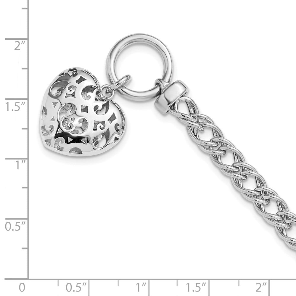 Sterling Silver Rh-plated Polished with Heart Charm Bracelet 7.5  inches