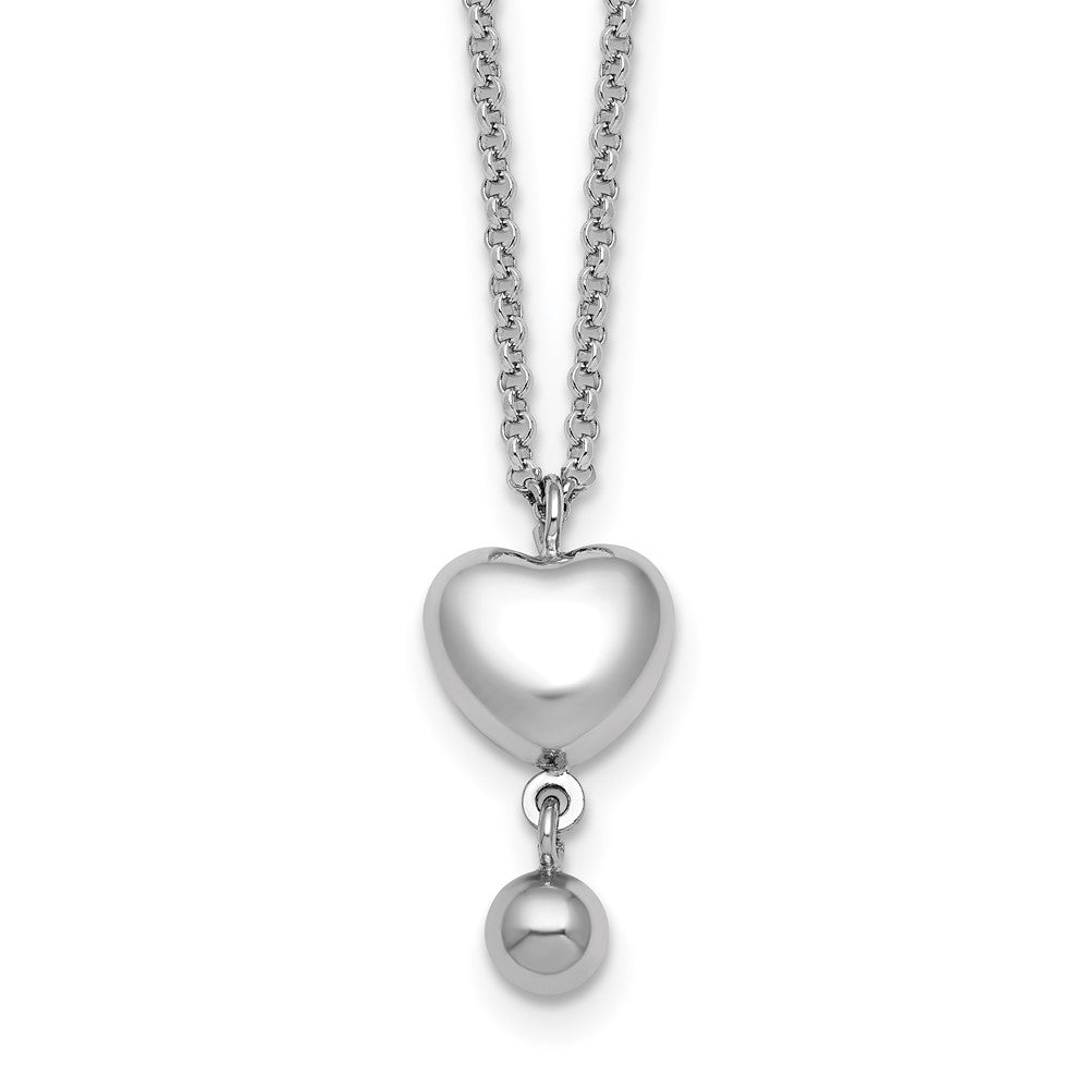 Sterling Silver Rhodium-plated Polished Puffed Heart and Ball Dangle 16 inch with 1 inch Extender Necklace 16 Inches