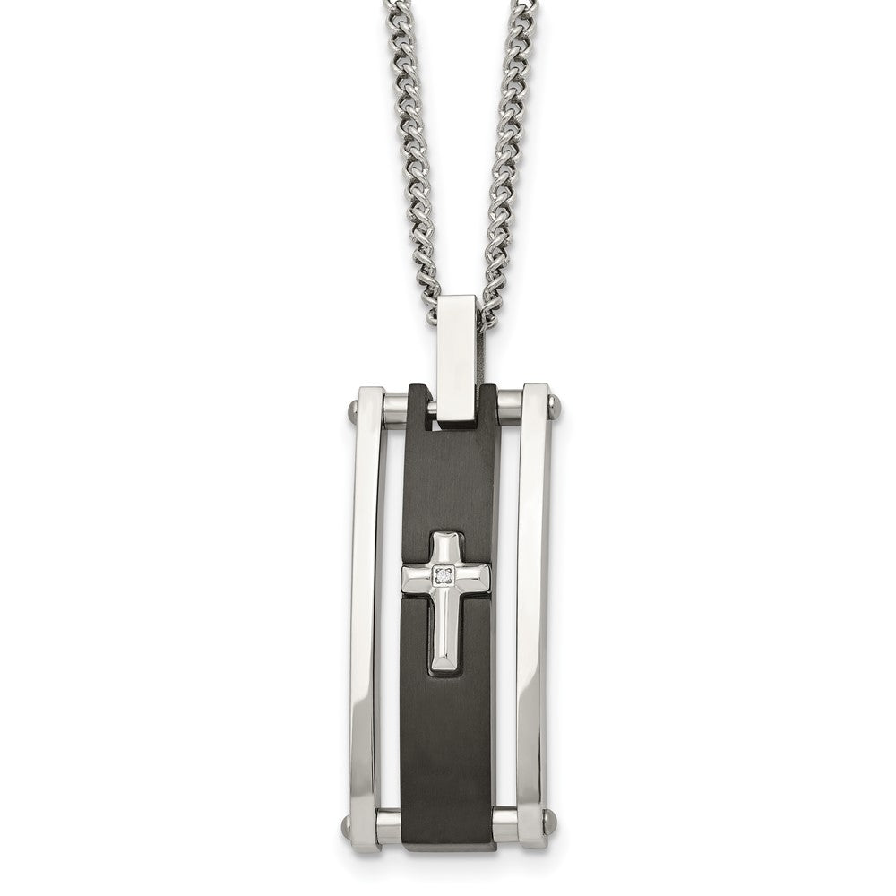 Stainless Steel Polished Black IP-plated w/CZ Cross 22in Necklace