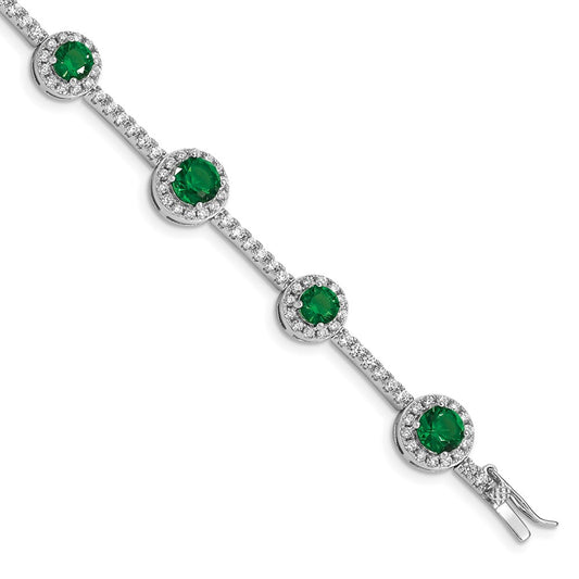 Sterling Silver Rhodium-plated 7.25inch Green and Clear CZ Bracelet 7.25 inches