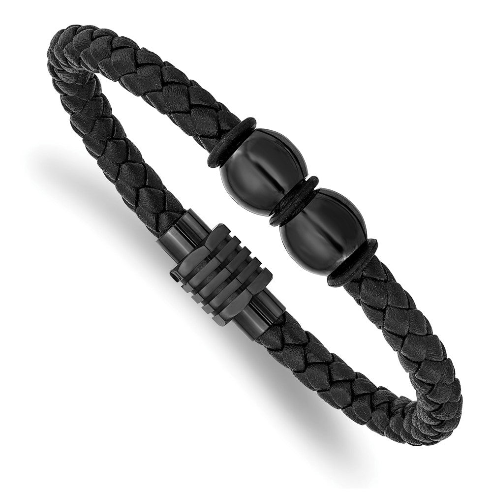 Stainless Steel Polished Black IP Black Rubber and Leather 8.25in Bracelet 8.25 inches