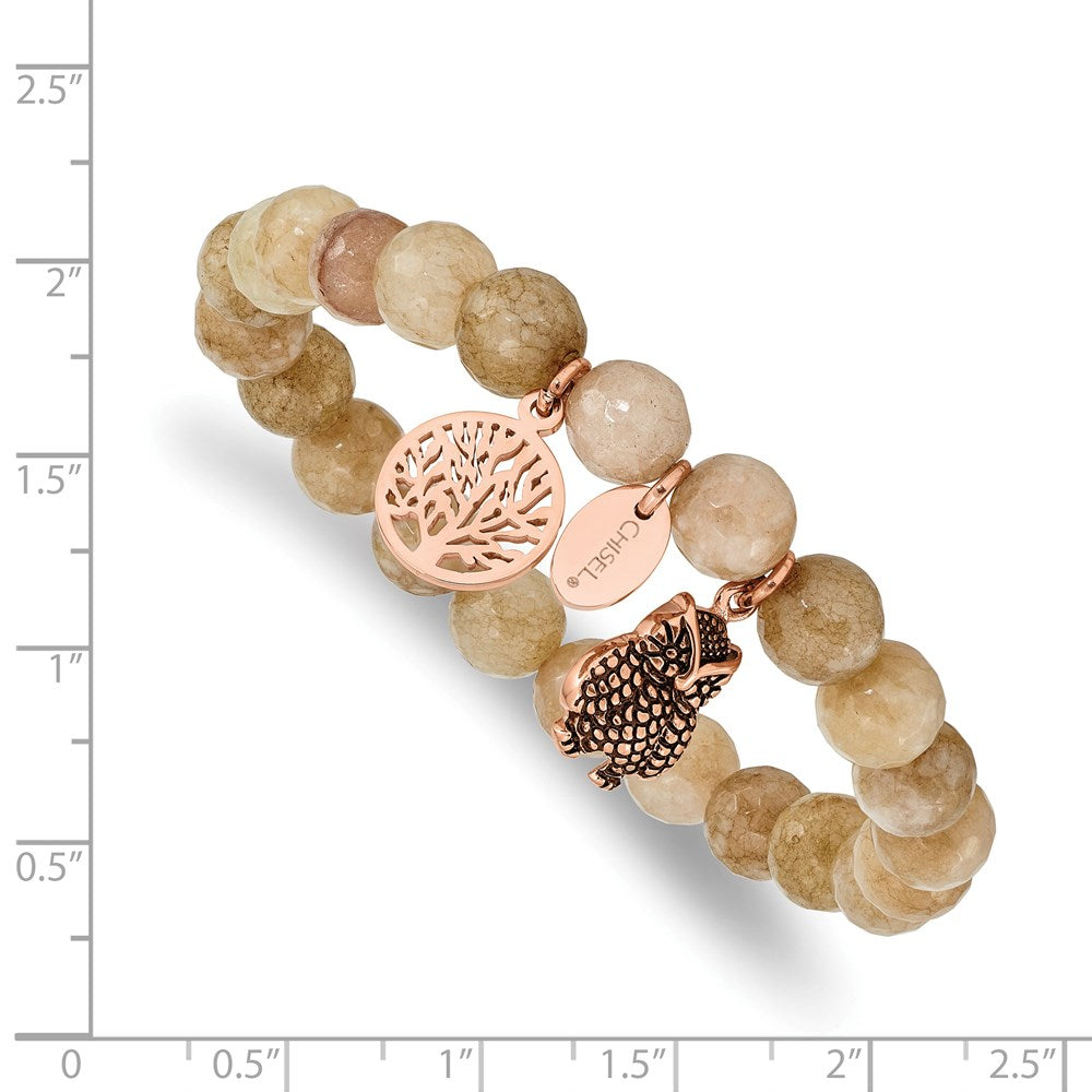 Stainless Steel Antiqued & Polished Rose IP Owl Taupe Dyed Jade Bracelet 6.5 inches