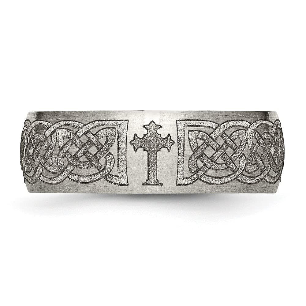 Titanium Brushed Celtic Cross Laser Design 8mm Band Size - 12.5