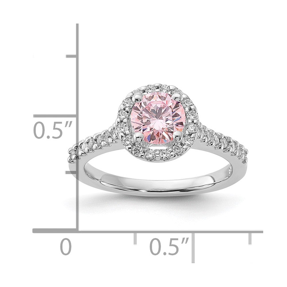 Sterling Silver Polished Pink & Clear CZ Round Halo Ring