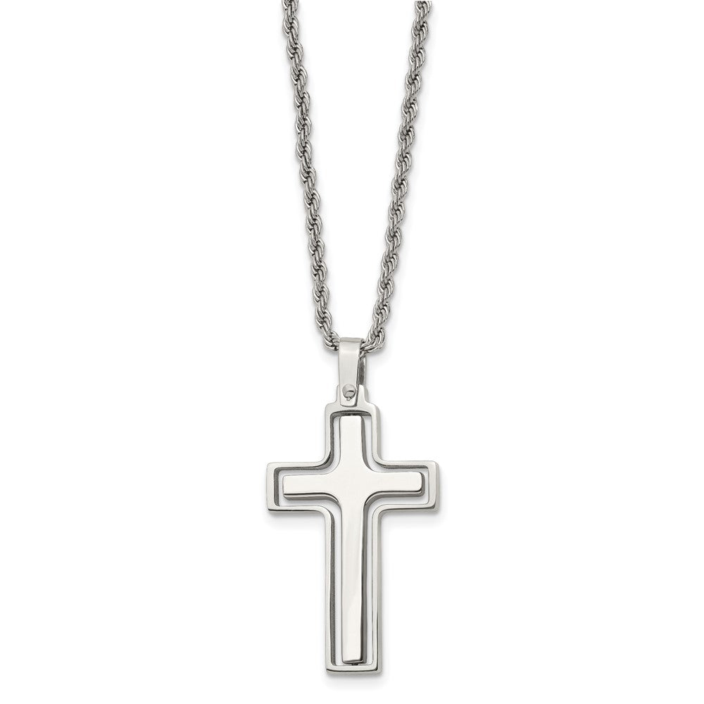 Stainless Steel Polished & Laser Cut Cross 22in Necklace