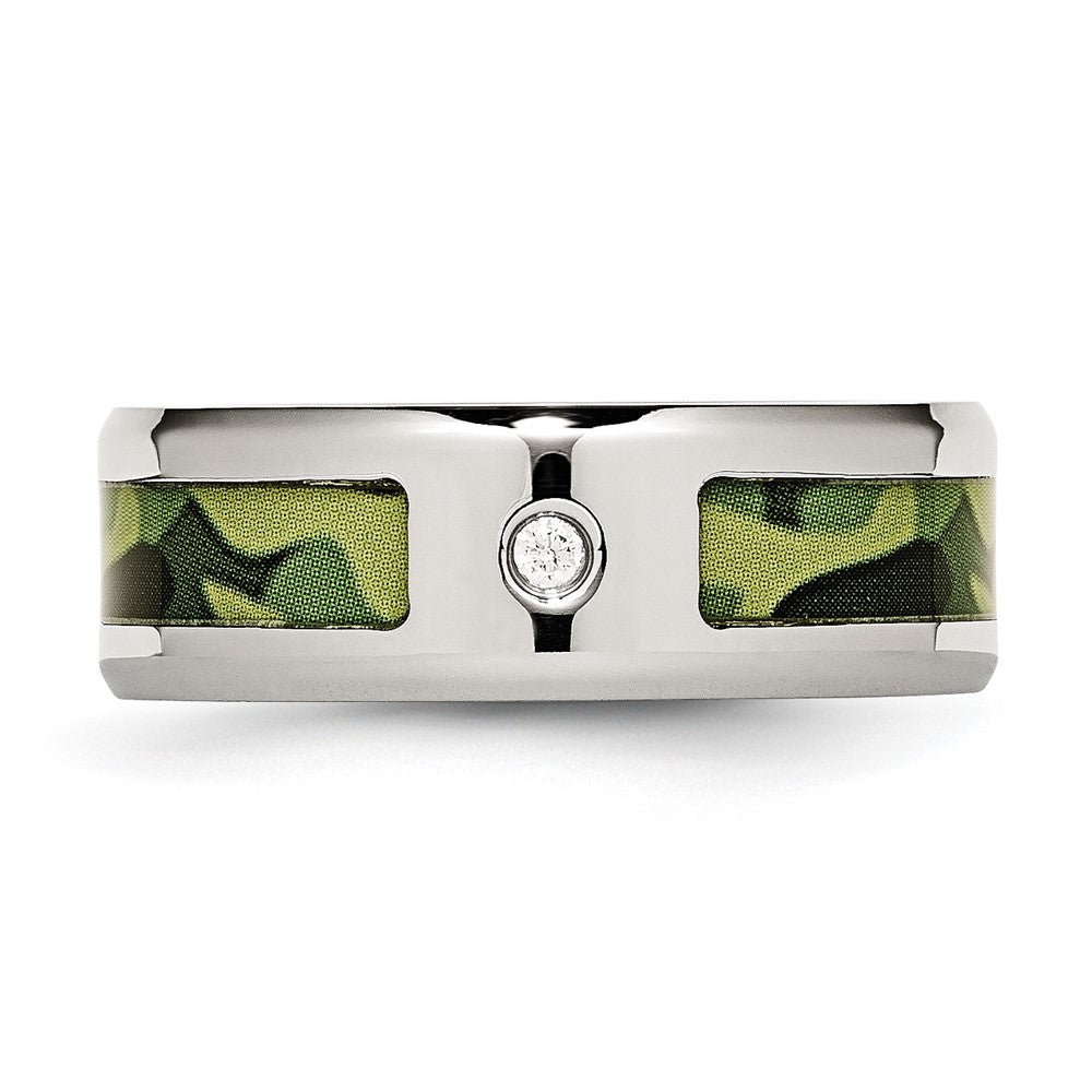 Stainless Steel Polished w/ CZ Printed Green Camo Under Rubber Band Size - 9