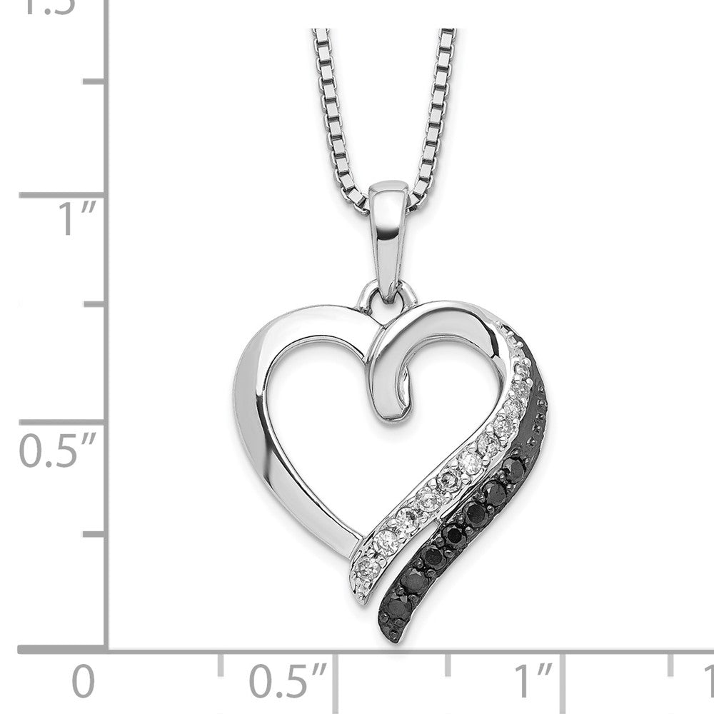 White Night Sterling Silver Rhodium-plated Black and White Diamond Heart Necklace with 2 Inch Extender 18 Inches